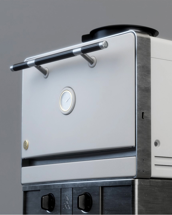 3/4 Render of an Emberhaus Fire Oven in Bright White and Black PVD Finish