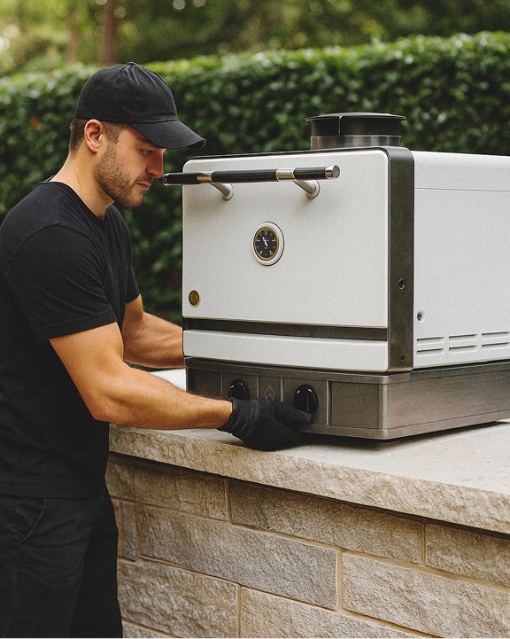 Emberhaus Delivery Crew Installing an Emberhaus Fire Oven within an Outdoor Kitchen