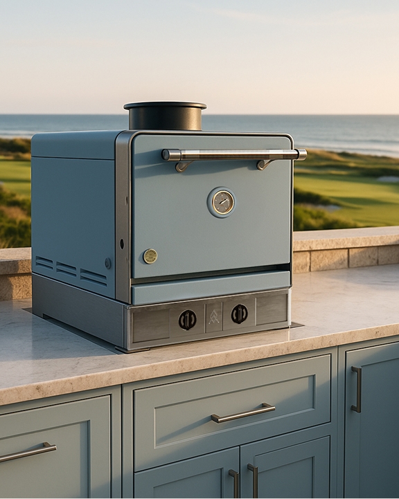 Emberhaus Fire Oven in a Drift Color with Light PVD Trim with Kiawah Ocean Course in the background