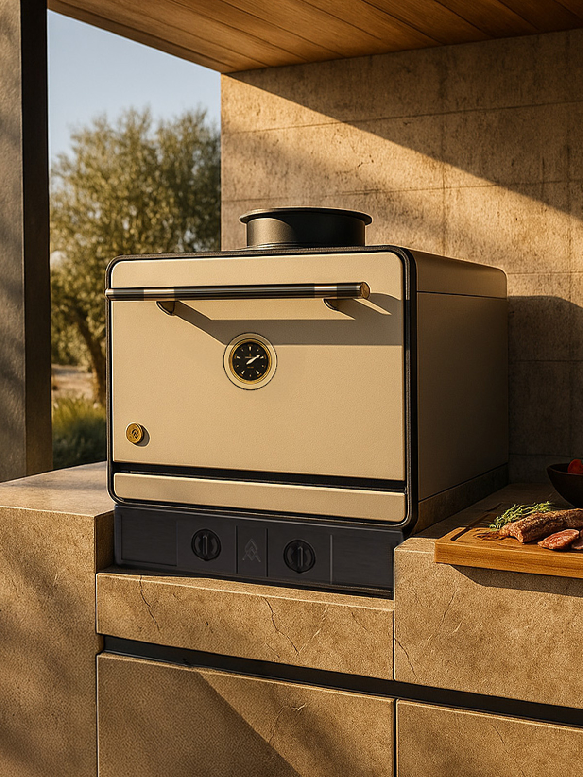 An Emberhaus Fire Oven in Dune color with Charcoal PVD installed in an outdoor kitchen with concrete finishes.