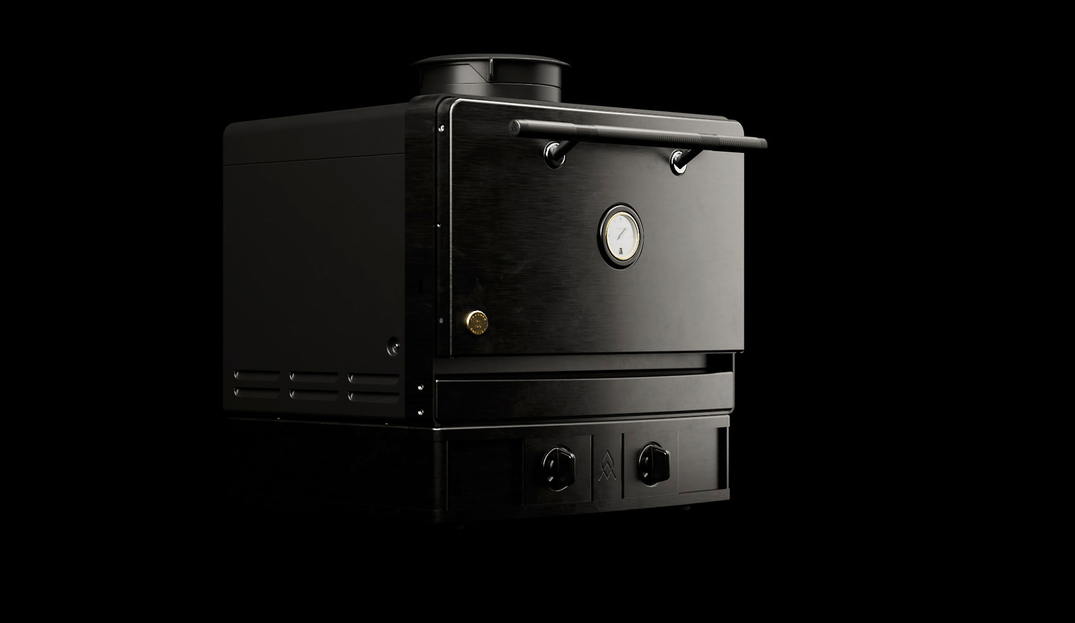 Emberhaus Fire Oven in matte charcoal finish, shown at a three-quarter angle against a black background. Features include analog temperature gauge, Emberflow™ vent system, and dual control knobs for live-fire cooking.