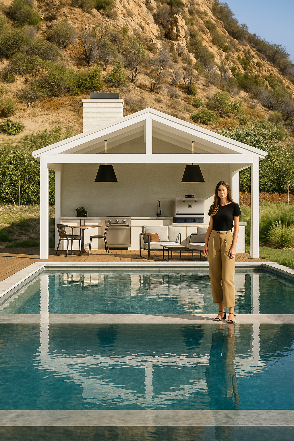 Luxury outdoor kitchen with modern white pavilion, Emberhaus Fire Oven, poolside seating, and a woman standing by the pool in a designer spotlight setting, surrounded by scenic hillside landscape.