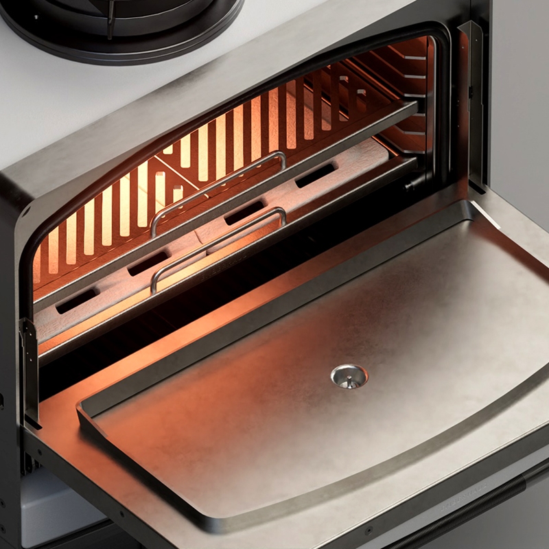 Emberhaus Fire Oven with door open and glowing fire from within.
