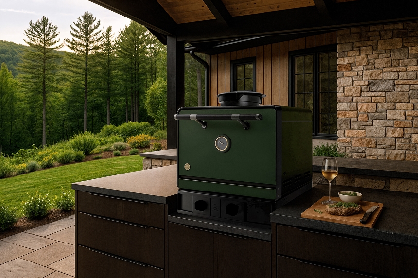 Fire Oven in Pinefall color with Charcoal PVD installed in a rustic, modern outdoor kitchen in the mountains.