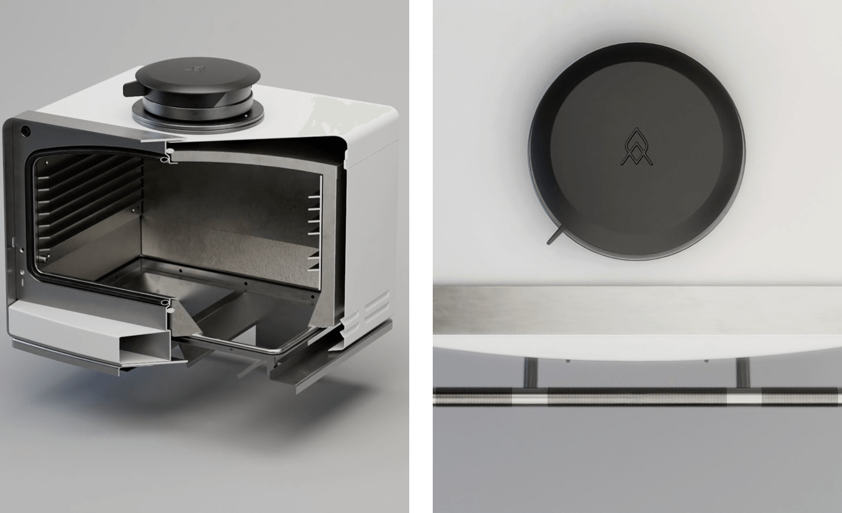An exoskeletal image of the Emberhaus Fire Oven exposing the three walls of insulation and a top down view of the Emberhaus Fire Oven