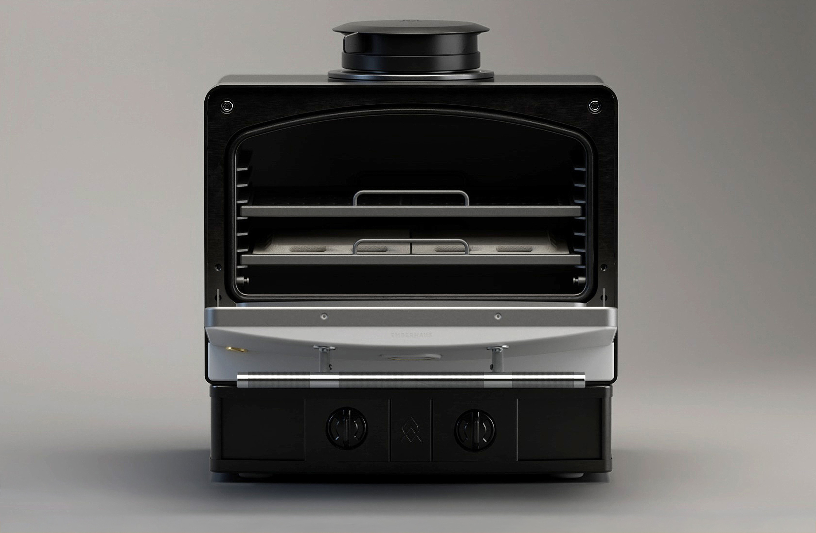 Front view of the Emberhaus Fire Oven with open door, showcasing dual cooking surfaces, ceramic heat deflectors, and premium stainless-steel design.